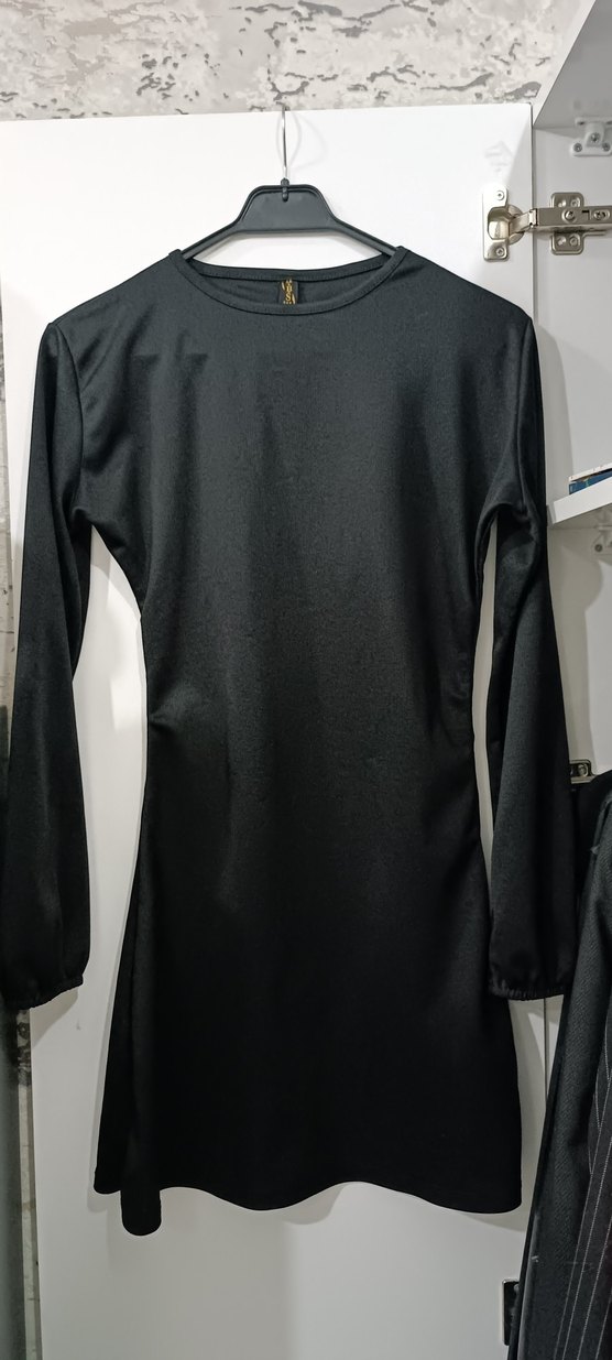 Siyah bisiklet yaka mini saten elbise - Görsel 2