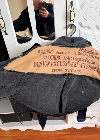 Gri Kadın Denim Ceket, Gevşek Kesim, Tokalı - Görsel 2