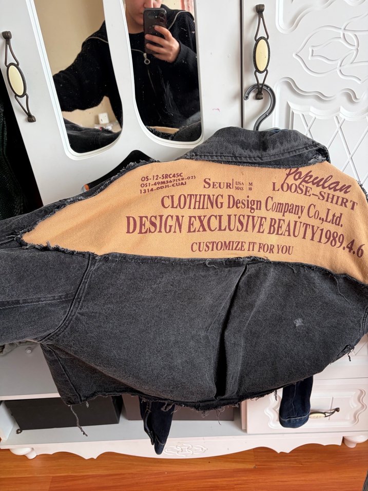 Gri Kadın Denim Ceket, Gevşek Kesim, Tokalı - Görsel 2