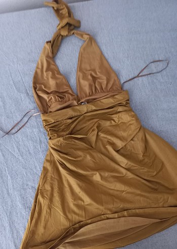 Camel Renkli Saten Görünümlü elbise - Görsel 2