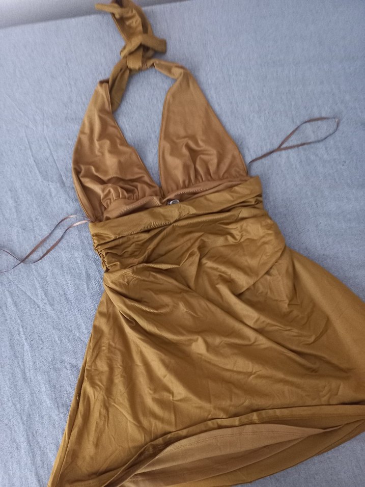 Camel Renkli Saten Görünümlü elbise - Görsel 2