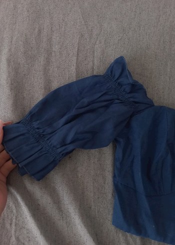 Lacivert Keten Kadın Bluz, Uzun Kollu, Drapeli - Görsel 2