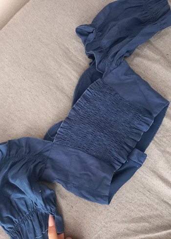 Lacivert Keten Kadın Bluz, Uzun Kollu, Drapeli - Görsel 3