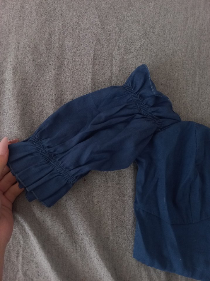 Lacivert Keten Kadın Bluz, Uzun Kollu, Drapeli - Görsel 2