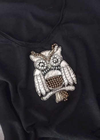 Siyah Payetli Baykuş Baskılı Kadın Tişört - Görsel 3