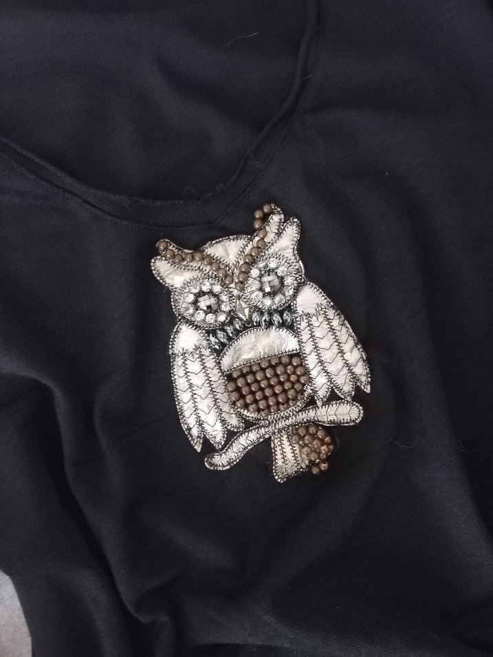 Siyah Payetli Baykuş Baskılı Kadın Tişört - Görsel 3