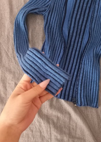 Kadın Mavi Triko Yarım Fermuarlı Kazak - Görsel 2