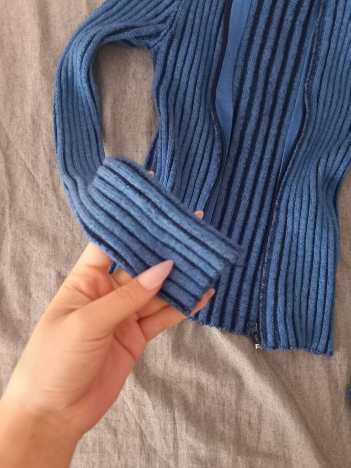 Kadın Mavi Triko Yarım Fermuarlı Kazak - Görsel 2