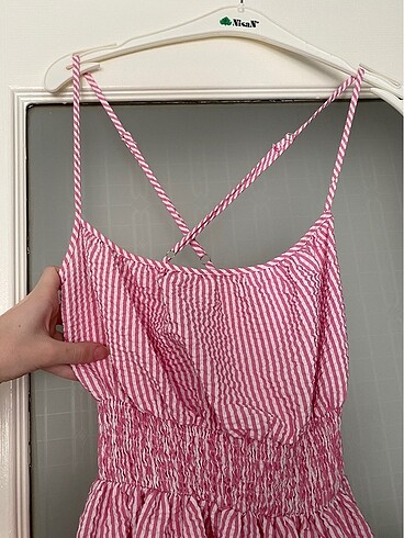 s Beden Koton beyaz ve pembe çizgili elbise