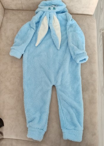 Mavi Peluş Bebek Tulumu Kapüşonlu Tavşanlı - Görsel 2