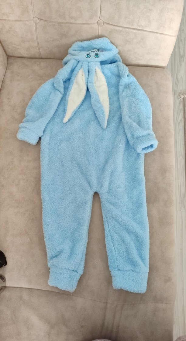 Mavi Peluş Bebek Tulumu Kapüşonlu Tavşanlı - Görsel 2