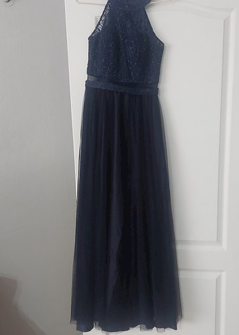 Lacivert Uzun Straplez Kemerli Abiye Elbise - Görsel 2