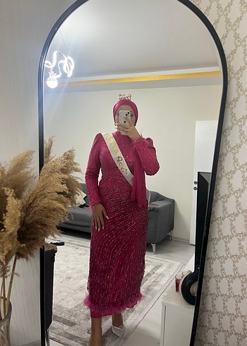 Boncuk İşlemeli Pembe Uzun Henna Elbise - Görsel 2