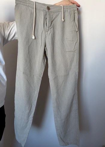 Düğmeli Bej Keten erkek  Pantolon - Görsel 2