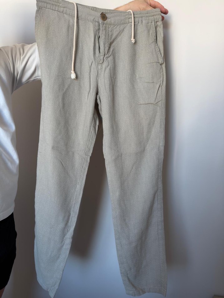 Düğmeli Bej Keten erkek  Pantolon - Görsel 2