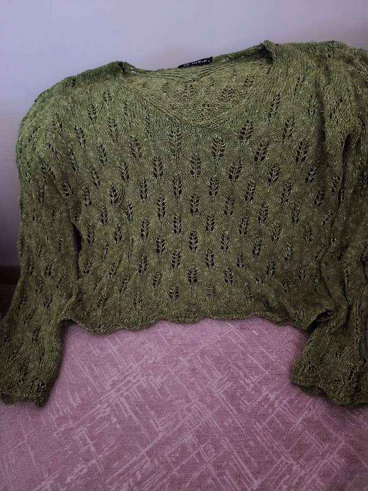 Bohem Yeşil Örgü crop Kadın Kazak - Görsel 2