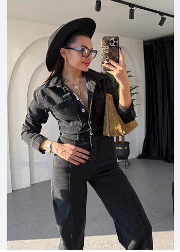 Kadın Siyah Denim Uzun Kollu Tulum