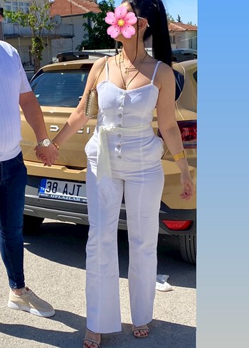 Beyaz Düğmeli Askılı Denim Tulum