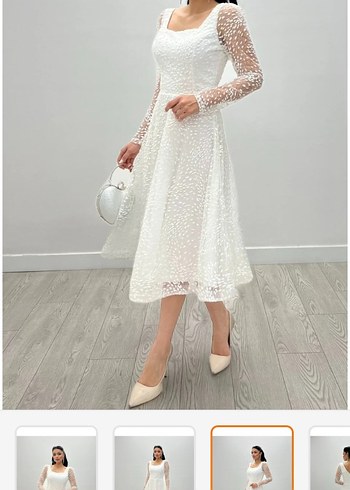 Simli Tül Uzun Kollu Beyaz Abiye Elbise - Görsel 4