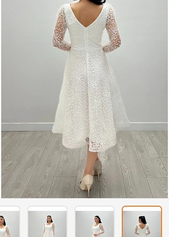 Simli Tül Uzun Kollu Beyaz Abiye Elbise - Görsel 5