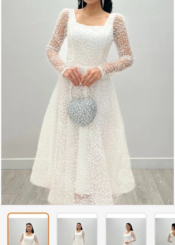 Simli Tül Uzun Kollu Beyaz Abiye Elbise - Görsel 2