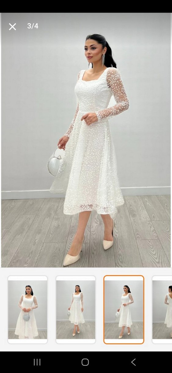 Simli Tül Uzun Kollu Beyaz Abiye Elbise - Görsel 4