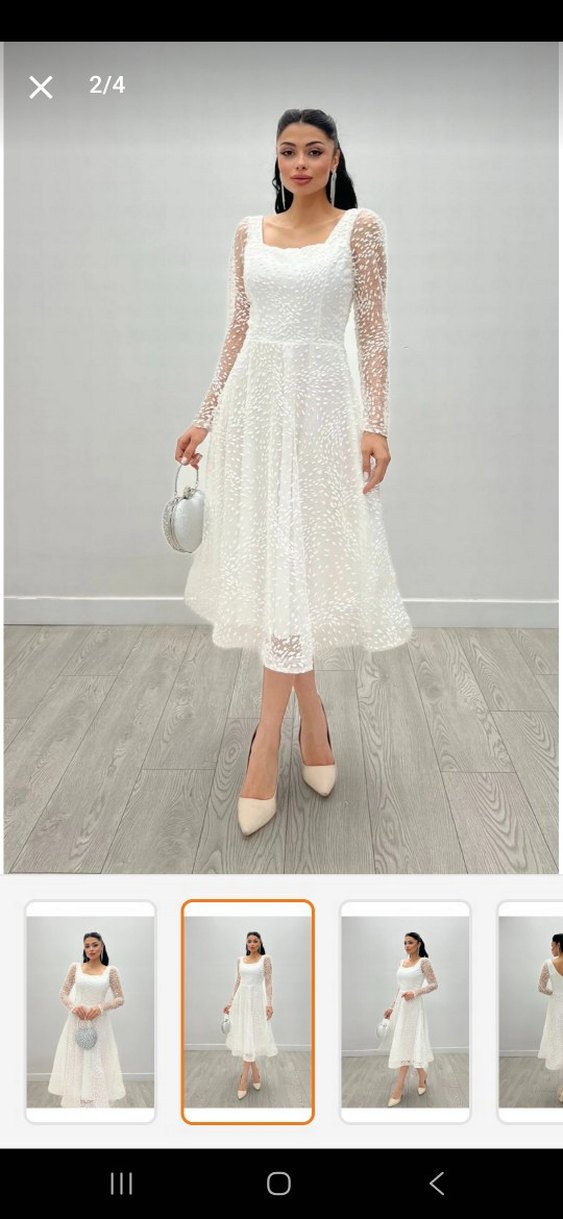 Simli Tül Uzun Kollu Beyaz Abiye Elbise - Görsel 3