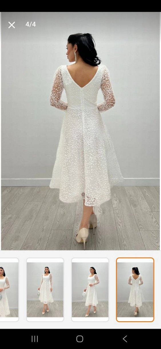 Simli Tül Uzun Kollu Beyaz Abiye Elbise - Görsel 5