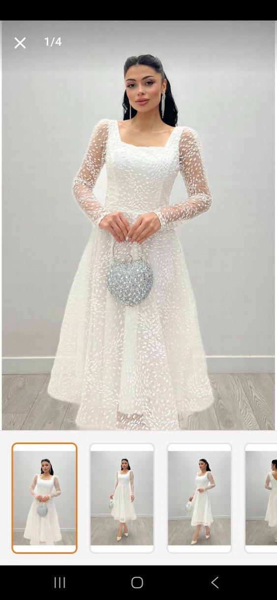 Simli Tül Uzun Kollu Beyaz Abiye Elbise - Görsel 2