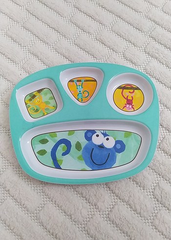 Turkuaz Çocuk Tabak Seti, Bölmeli, Renkli Hayvan Deseni