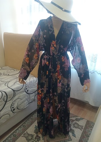 Çiçek Desenli Uzun Bohem Kimono - Görsel 2
