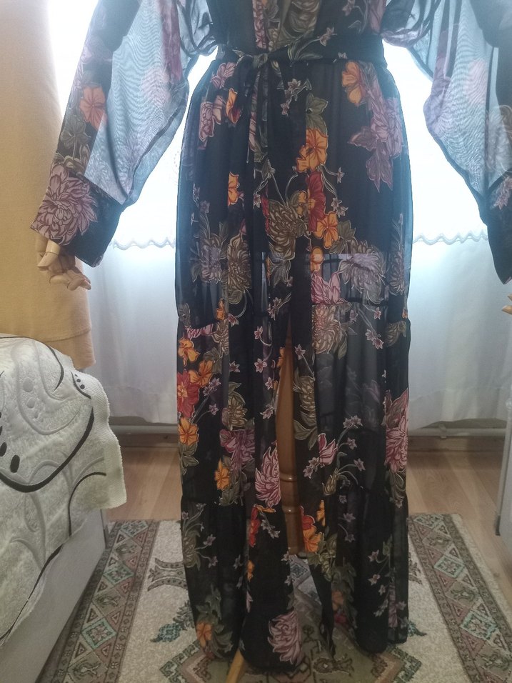 Çiçek Desenli Uzun Bohem Kimono - Görsel 3