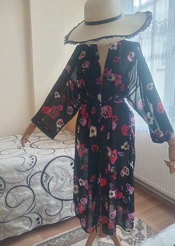 Çiçek Desenli Uzun Bohem kimono - Görsel 3
