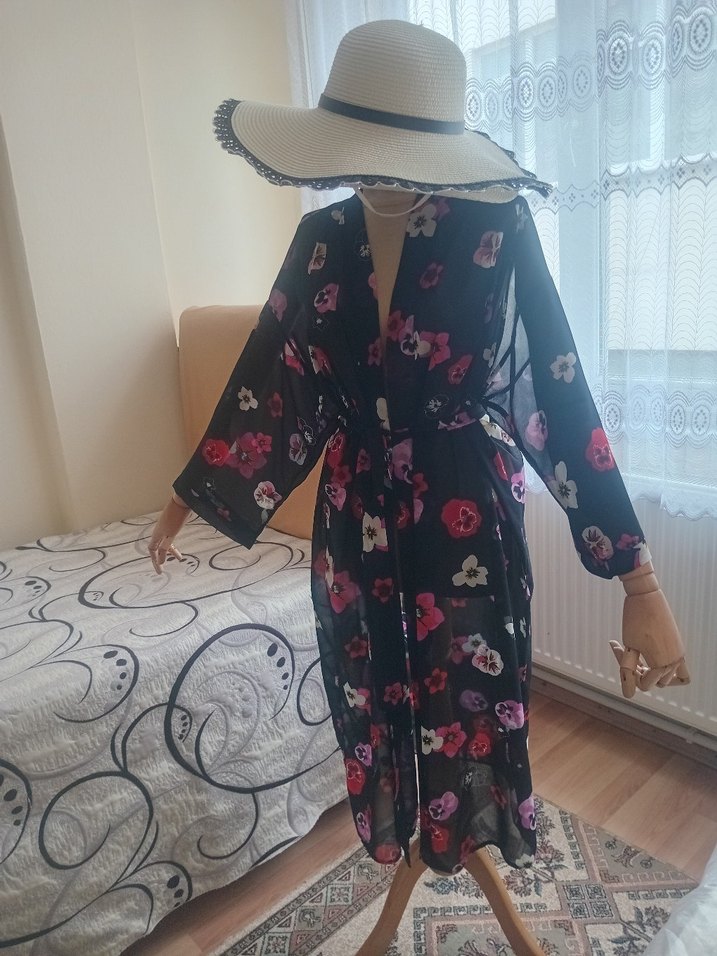 Çiçek Desenli Uzun Bohem kimono - Görsel 2