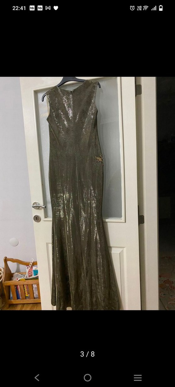 Drapeli Altın Renk Uzun Abiye Elbise - Görsel 3