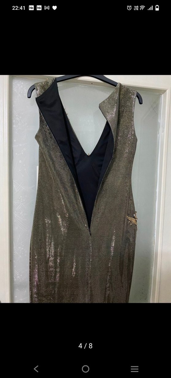 Drapeli Altın Renk Uzun Abiye Elbise - Görsel 4