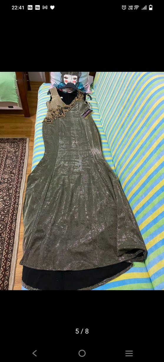 Drapeli Altın Renk Uzun Abiye Elbise - Görsel 5