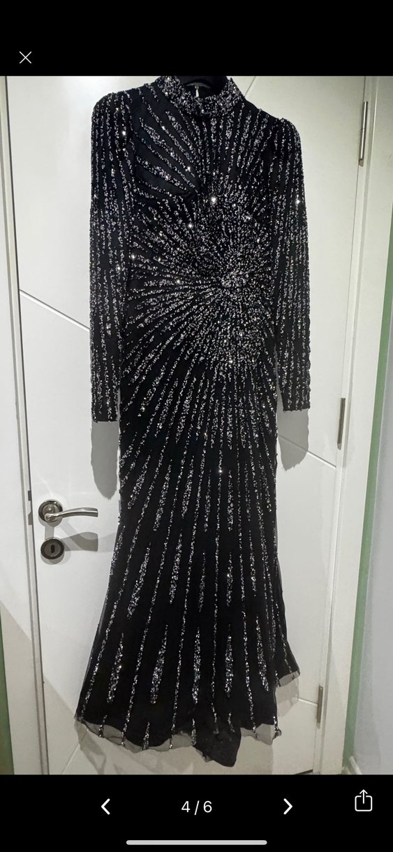 Uzun Kol Siyah Drape Detaylı Abiye Elbise - Görsel 2