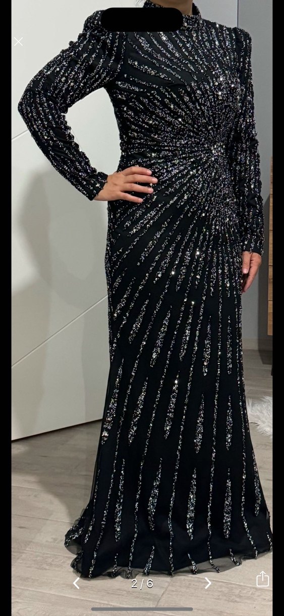 Uzun Kol Siyah Drape Detaylı Abiye Elbise - Görsel 4