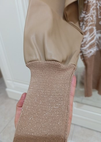 Bej Bağlama Desenli Örgü Kadın Kazak - Görsel 5