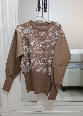 Bej Bağlama Desenli Örgü Kadın Kazak - Görsel 2