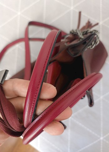 Bordo Deri Püsküllü Kadın Çanta - Görsel 5