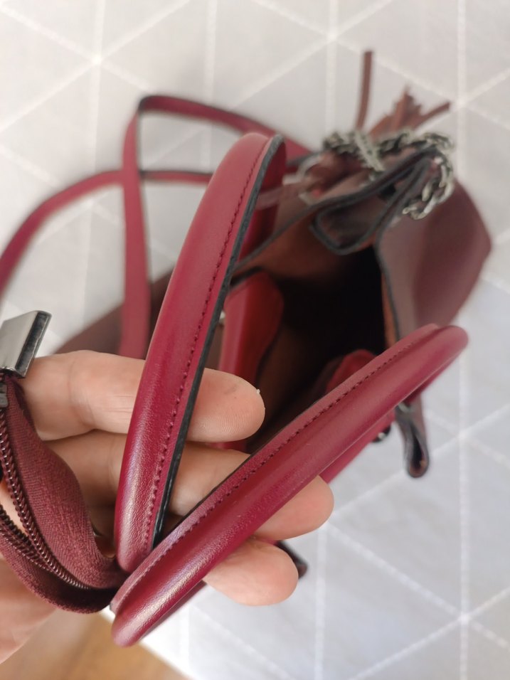 Bordo Deri Püsküllü Kadın Çanta - Görsel 5