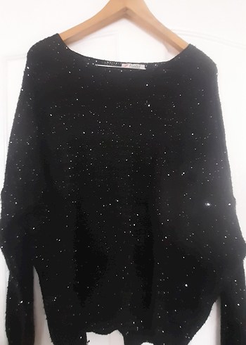 Siyah Simli Örgü Kadın Kazak, Uzun Kollu, Rahat Kesim - Görsel 2