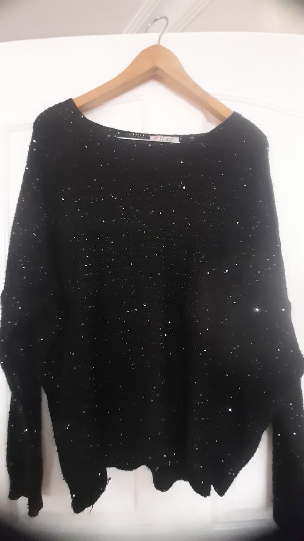 Siyah Simli Örgü Kadın Kazak, Uzun Kollu, Rahat Kesim - Görsel 2