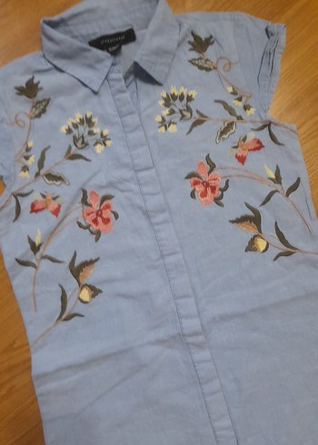 Nakışlı Mavi Uzun Kadın Gömlek - Görsel 2