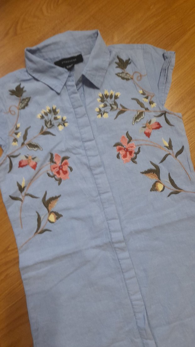 Nakışlı Mavi Uzun Kadın Gömlek - Görsel 2