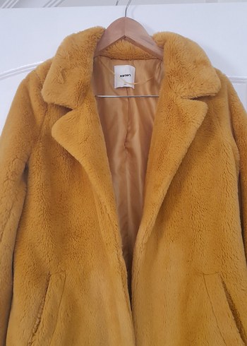 Hardal Rengi Midi Kadın Peluş Kaban - Görsel 2