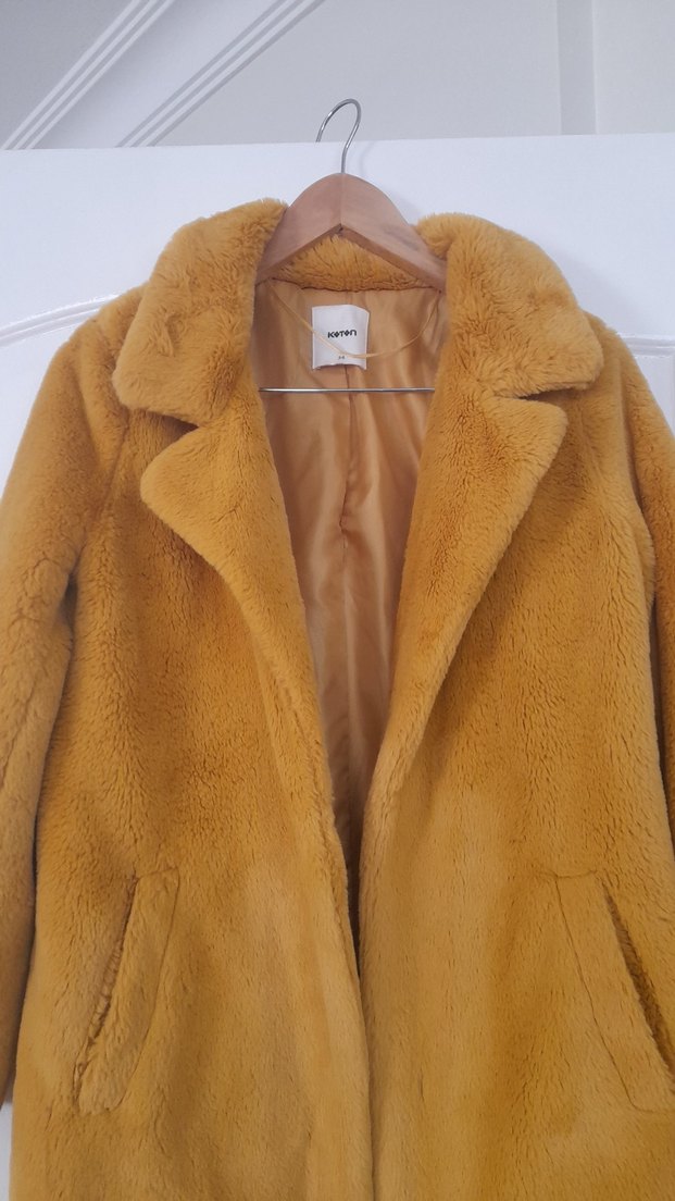 Hardal Rengi Midi Kadın Peluş Kaban - Görsel 2