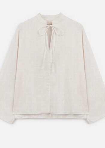 Manuka vanilya renk V Yaka Bej Keten Kadın Gömlek - Görsel 2